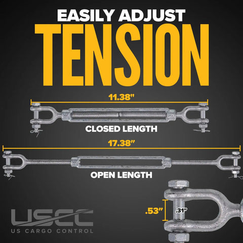 Heavy Duty Jaw And Jaw Turnbuckles Three Eighth By Six Inch 60 Pack with dimensions of 11.38" closed and 17.38" open, hot dipped galvanized steel.