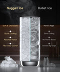 Glass with soft nugget ice vs hard bullet ice, highlighting chewable texture, quick cooling, flavor absorption, for sonic ice machine