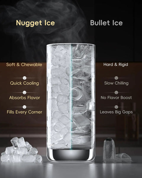 Glass with soft nugget ice vs hard bullet ice, highlighting chewable texture, quick cooling, flavor absorption, for sonic ice machine