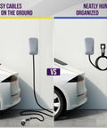 Comparison image showing messy cables on the ground vs J1772 EV Charger Holder Wall Mount Heavy Duty Steel Cable Organizer for neat storage.