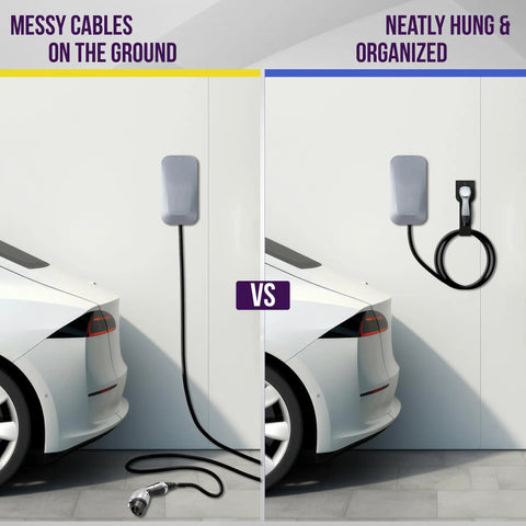 Comparison image showing messy cables on the ground vs J1772 EV Charger Holder Wall Mount Heavy Duty Steel Cable Organizer for neat storage.