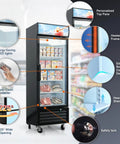 Built Tough 16 Cu Ft Commercial Upright Display Freezer Merchandiser With Glass Doors showing LED lights and adjustable shelves.