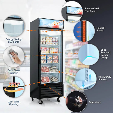 Built Tough 16 Cu Ft Commercial Upright Display Freezer Merchandiser With Glass Doors showing LED lights and adjustable shelves.