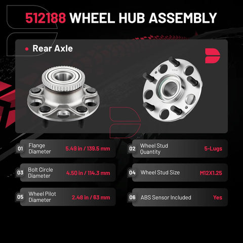 Rear Wheel Bearing And Hub Assembly 2 Pack For 5 Lug Vehicles Fits Acura TL 2004 2008 And Honda Accord 2006 2007 product diagram