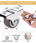 1 Inch Small Rigid Caster Wheels Set With Low Profile Plate Non Swivel Rubber Casters shown with dimensions and coin for scale.