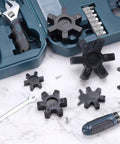 Top view of black L099/L100 jaw coupling inserts for L-jaw coupler, NBR rubber, multiple sizes