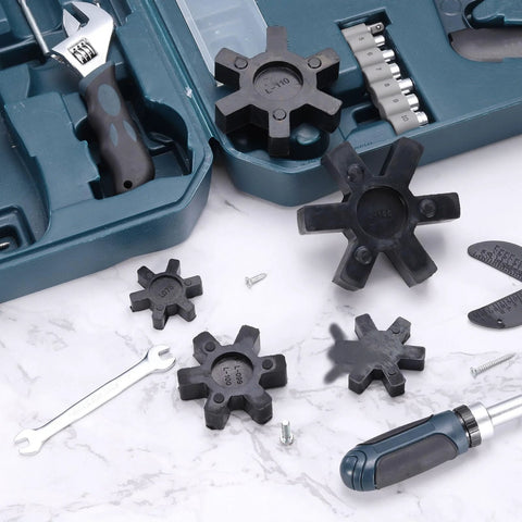 Top view of black L099/L100 jaw coupling inserts for L-jaw coupler, NBR rubber, multiple sizes