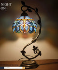 Tiffany Lamp Cloudy Blue Stained Glass Table Lamp With Metal Leaf Base In Bronze Finish 21 Inch Tall 8 Inch Shade Night View