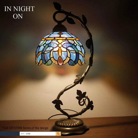 Tiffany Lamp Cloudy Blue Stained Glass Table Lamp With Metal Leaf Base In Bronze Finish 21 Inch Tall 8 Inch Shade Night View