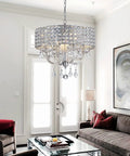 4 Light K9 Crystal Modern Chandelier For Living Room Ceiling Fixture With Adjustable Chain Up To 60 Inches, hanging in elegant room