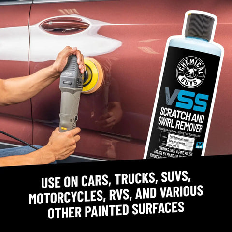 Bottle of One Step Scratch And Swirl Remover Compound And Polish next to person using polisher on car door