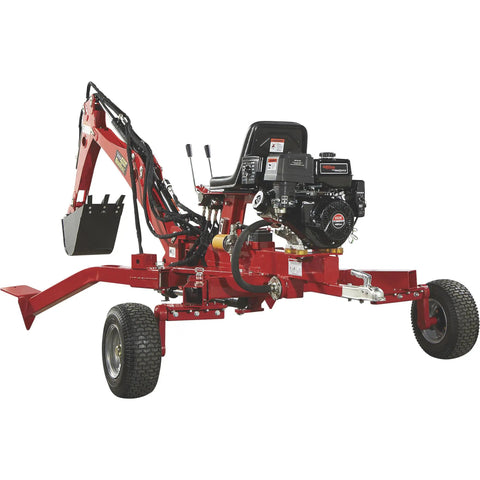 Towable Backhoe Trencher With 15 HP Gas Engine 80 Inch Digging Depth 14 Inch Wide 3 Tooth Bucket shown with boom and wheels