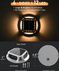 4-sided 12 LED solar panel of 8 Pack Solar Deck Lights Outdoor Waterproof LED Dusk To Dawn For Backyard Garden Pathway Walkway Patio And Sidewalk 12 LED Solar Dock Lights Marine Grade Warm White, diagram showing dimensions and parts.