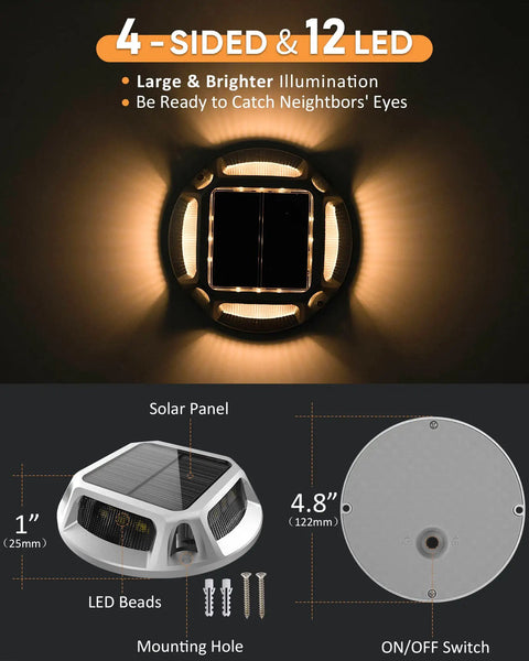 Solar Dock Lights Outdoor 12 Pack 12 LED No Fuss Dusk To Dawn Driveway Lights Waterproof IP68 3000K Warm White design details