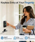 Woman using Hassle Free Smart Keyless Deadbolt With Touch Screen Fingerprint Reader And Mobile App Access at front door.