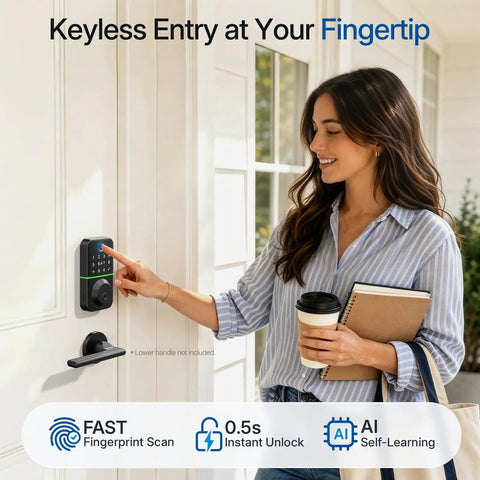 Woman using Hassle Free Smart Keyless Deadbolt With Touch Screen Fingerprint Reader And Mobile App Access at front door.