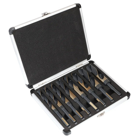 Reduced Shank Drill Bit Set For Metal Wood Plastic, 8 Sizes From 9/16 To 1 Inch, HSS M2 With Titanium Black Nitride Coatings in case