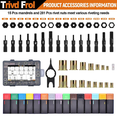 Beefed Up 16 Inch Rivet Nut Tool Kit With 15 Metric And SAE Mandrels, 281 Piece Nutsert Nut Kit, Pro Grade Rivet Nut Gun Set And Rugged Carrying Case For Metal Fabrication Auto DIY Projects, showing mandrels and nutserts layout