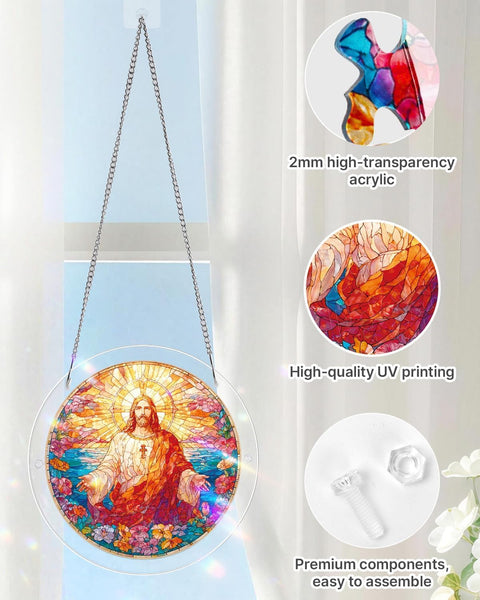 Colorful Acrylic Suncatcher Puzzle Window Decor Kit with hanging chain and hook, stained glass style, Jesus motif, 8.9 inch