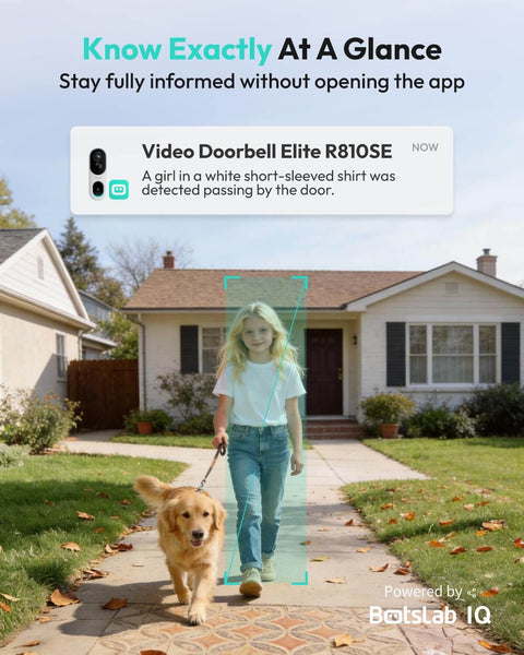Girl in white shirt walking a golden retriever on a sidewalk in front of a house, showcasing human detection by a video doorbell.