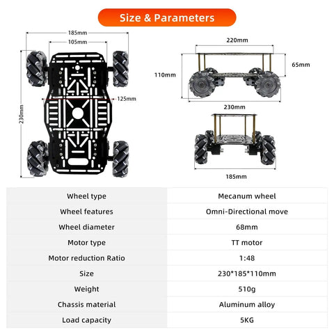 Omni Directional Mecanum Wheel Robot Chassis Kit With 4WD TT Motors Aluminum Alloy Double Layer Smart Car Platform diagram.