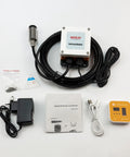 Smart WiFi Water Level Sensor With Ultrasonic Transmitter And Remote Alarm Gateway For Smart Life App, IP67 Waterproof Tank Monitor, Easy Setup And Supports Up To 10 Sensors Across Multiple Tanks, 5m Range, ME202R displayed with components and accessories