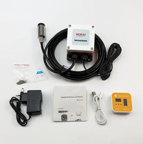 Smart WiFi Water Level Sensor With Ultrasonic Transmitter And Remote Alarm Gateway For Smart Life App, IP67 Waterproof Tank Monitor, Easy Setup And Supports Up To 10 Sensors Across Multiple Tanks, 5m Range, ME202R displayed with components and accessories