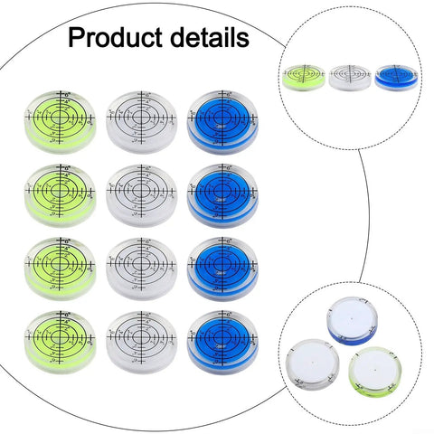 Round Bubble Level 32mm 12 Pack Circular for spirit Levels for acrylic, featuring green, blue, and clear levels with measurement markings.