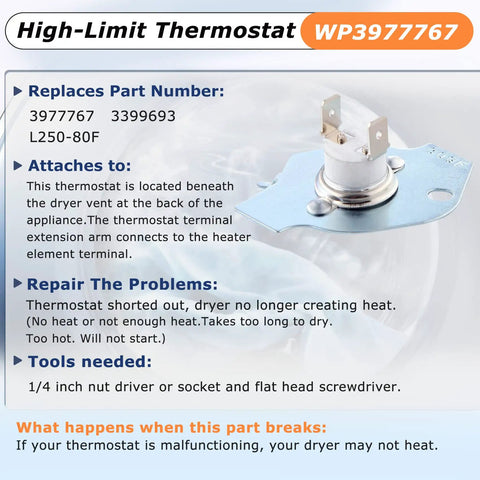 High-Limit Thermostat WP3977767 for dryer repair kit with Cycling Thermostat High Limit Thermostat and Thermal Fuses DIY Friendly
