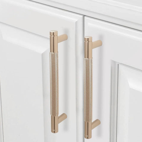 Champagne Bronze Knurled Cabinet Handles Set, 30 Pack, 6-1/4 Inch (160mm) Gold Knurled Pulls on white cabinet