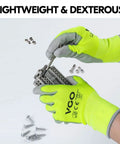 15-Pairs Latex-Free Polyurethane Dipped Safety Work Gloves For Auto Construction Gardening And More All Purpose Use Flexible Polyester Yellow Size L Great Grip Durable Hand Protection For DIY Projects And Heavy Duty Tasks in action assembling hardware.