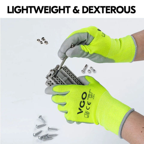 15-Pairs Latex-Free Polyurethane Dipped Safety Work Gloves For Auto Construction Gardening And More All Purpose Use Flexible Polyester Yellow Size L Great Grip Durable Hand Protection For DIY Projects And Heavy Duty Tasks in action assembling hardware.