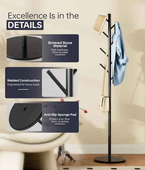 Heavy-Duty Metal Coat Rack With Eight Hooks, Three Adjustable Heights, Modern Hall Tree, Freestanding Clothes Stand With Sintered Stone Base, Built To Be Your Entryway Workhorse For Coats Hats Bags And Scarves, Black next to bathtub