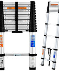 Extendable Aluminum Telescoping Ladder With One Button Retraction 12.5 Ft Portable Folding Ladder Lightweight And Compact For Home RV Camping Attic 330 Pound Capacity, shown fully extended and retracted