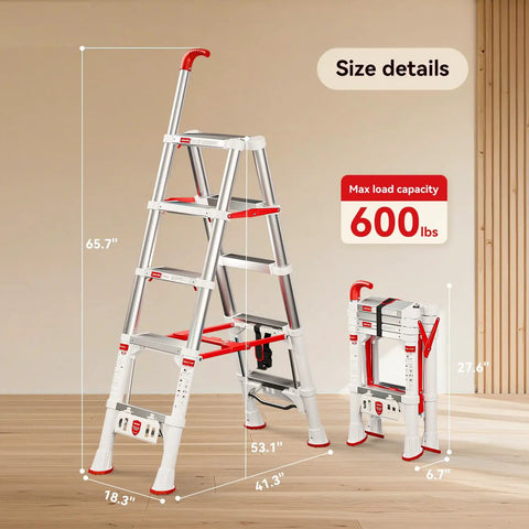 Heavy Duty A Frame Telescoping Extension Ladder With Safety Lock Four Point Four Foot Foldable Aluminum Ladder Five Step Stool That Holds Up To 600 Pounds For Home Projects And Everyday DIY, size details