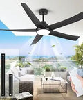 60 Inch Black Outdoor Ceiling Fan With Light For Patios And Garage, Wet Rated, shown on a balcony with remote control.
