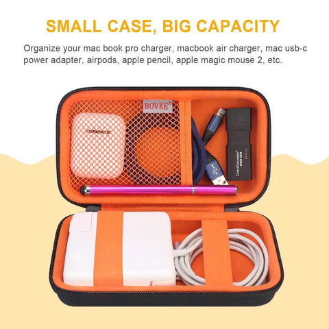 Heavy Duty Slick Daily Driver Travel Case For Macbook Adapters Type C Chargers And Tech Gear With Spacious Soft Interior For Hubs Mice And Cables Water Resistant PU Leather Black, inside view with organized tech gear.