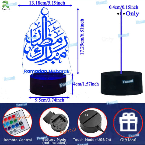 Lit Ramadan Illusion Night Light 3D Look With 16 Color Change LEDs and Touch Control, Eid Mubarak Decor with remote and USB power.