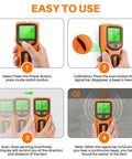 5‑in‑1 Stud Finder Wall Scanner, Smart Chip Wall Detector with LCD Display showing user instructions and functions on HD display.