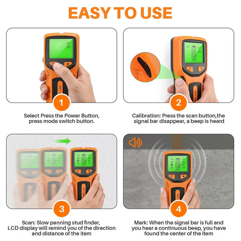 5‑in‑1 Stud Finder Wall Scanner, Smart Chip Wall Detector with LCD Display showing user instructions and functions on HD display.