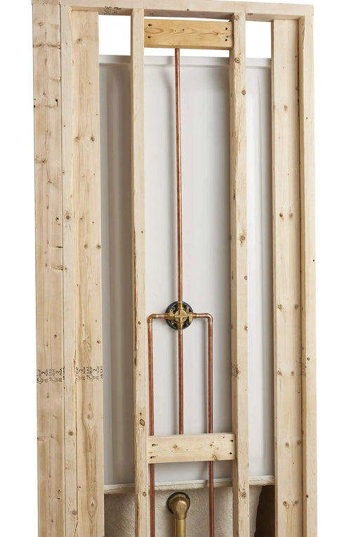 Installed Rough In Shower Valve With Universal Inlets And Outlets Unfinished RU101 Flush Plug in wooden frame construction
