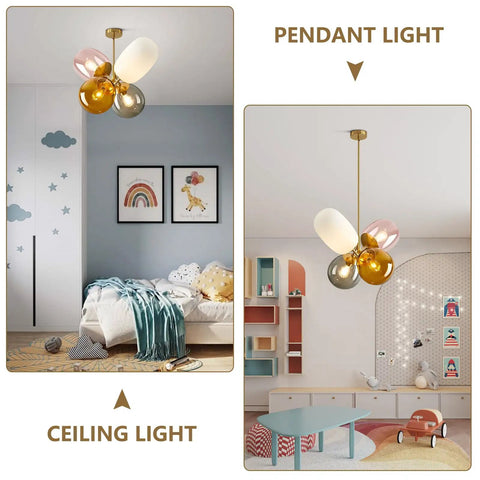Modern Colorful Glass Pendant Lights With Gold Globe Finish, shown as ceiling light in kids room and pendant light over play area