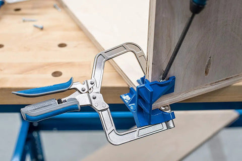 90 Degree Corner Clamp Set, 2 Pack for Cabinets, Boxes, Drawers and T-Joints, Keeps Your Hands Free While You Fasten in use on workbench