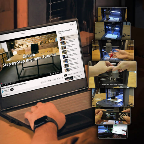 Genmitsu Cubiko desktop CNC router with enclosure; laptop shows Cubiko beginner tutorial and collage of assembly steps.