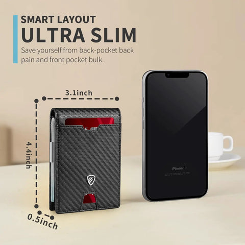Ultra Slim RFID Blocking Wallet With Money Clip For Men Bifold Card Holder next to a smartphone on a table