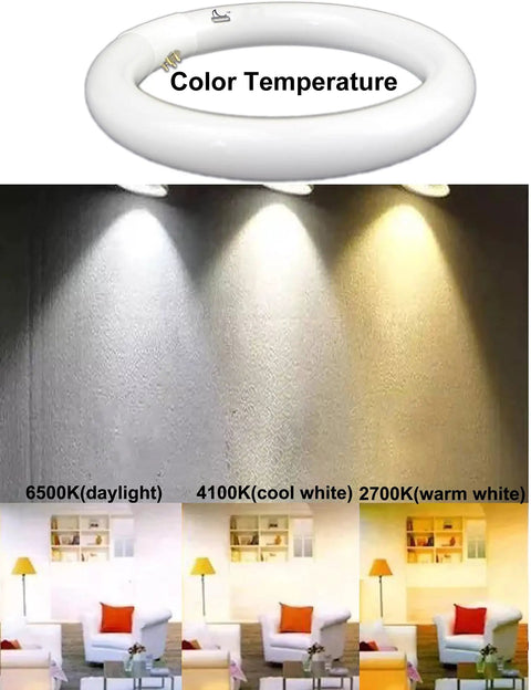 Get Your Space Lit With 8 Inch Circular Fluorescent Bulbs 22W T9 Circline 1250 Lumen Daylight 6400K G10q 4 Pin Base Energy Saving Replacement Lamps 2 Pack, showing bulb with color temperature demonstration in three lighting modes.