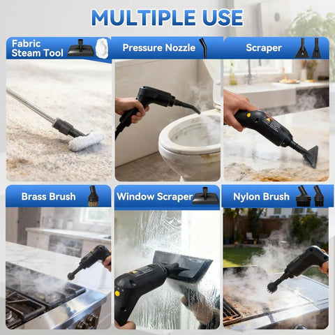 This bad boy 2500W Handheld Steam Cleaner blasts grease and grime in seconds with various attachments for versatile cleaning.