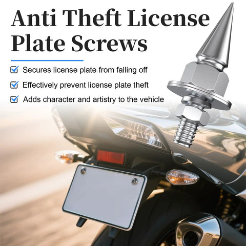 Badass Spiked License Plate Screws Four Pack Anti Theft Security Bolts For Cars And Motorcycles Silver Chrome Finish displayed on motorcycle.