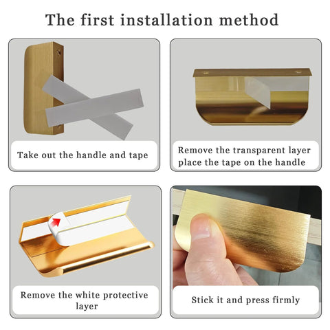 Installation steps for Gold Adhesive Edge Finger Pulls For Cabinets 5 Pack With Screws And Tape Flat Hidden Bar Pulls