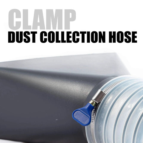 Close-up of 4 Inch Thumb Screw Key Adjustable Stainless Steel Hose Clamp securing a dust collection hose with blue key visible.